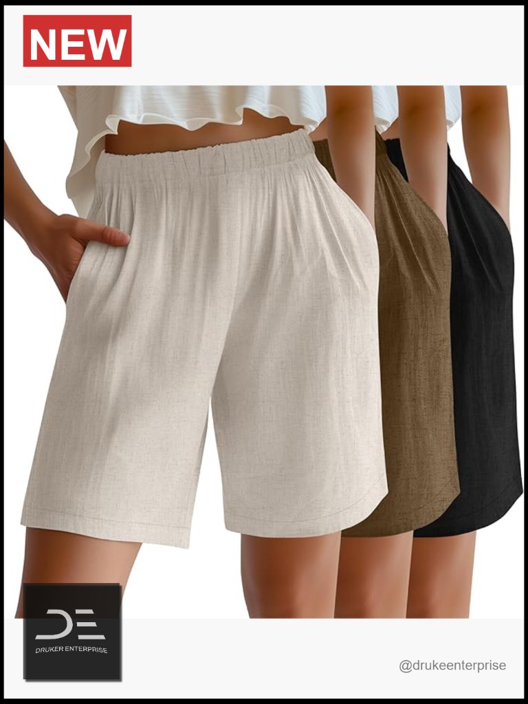 3 Pack Linen Bermuda Shorts Elastic High Waist Wide Leg Summer Lounge With